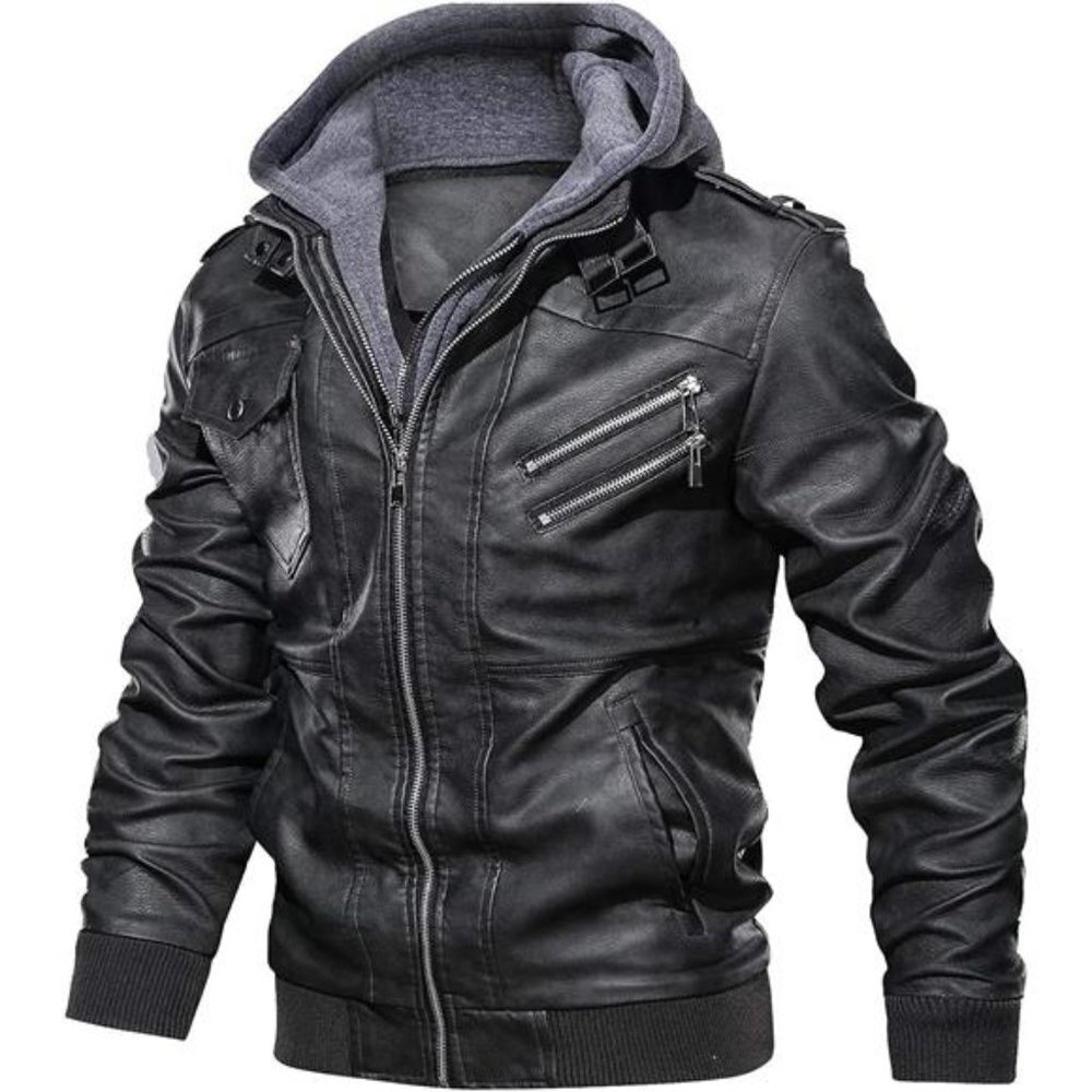 Black Faux Leather Motorcycle Bomber Jacket Zip Up Hoodie Removable Hood - Picture 2 of 6